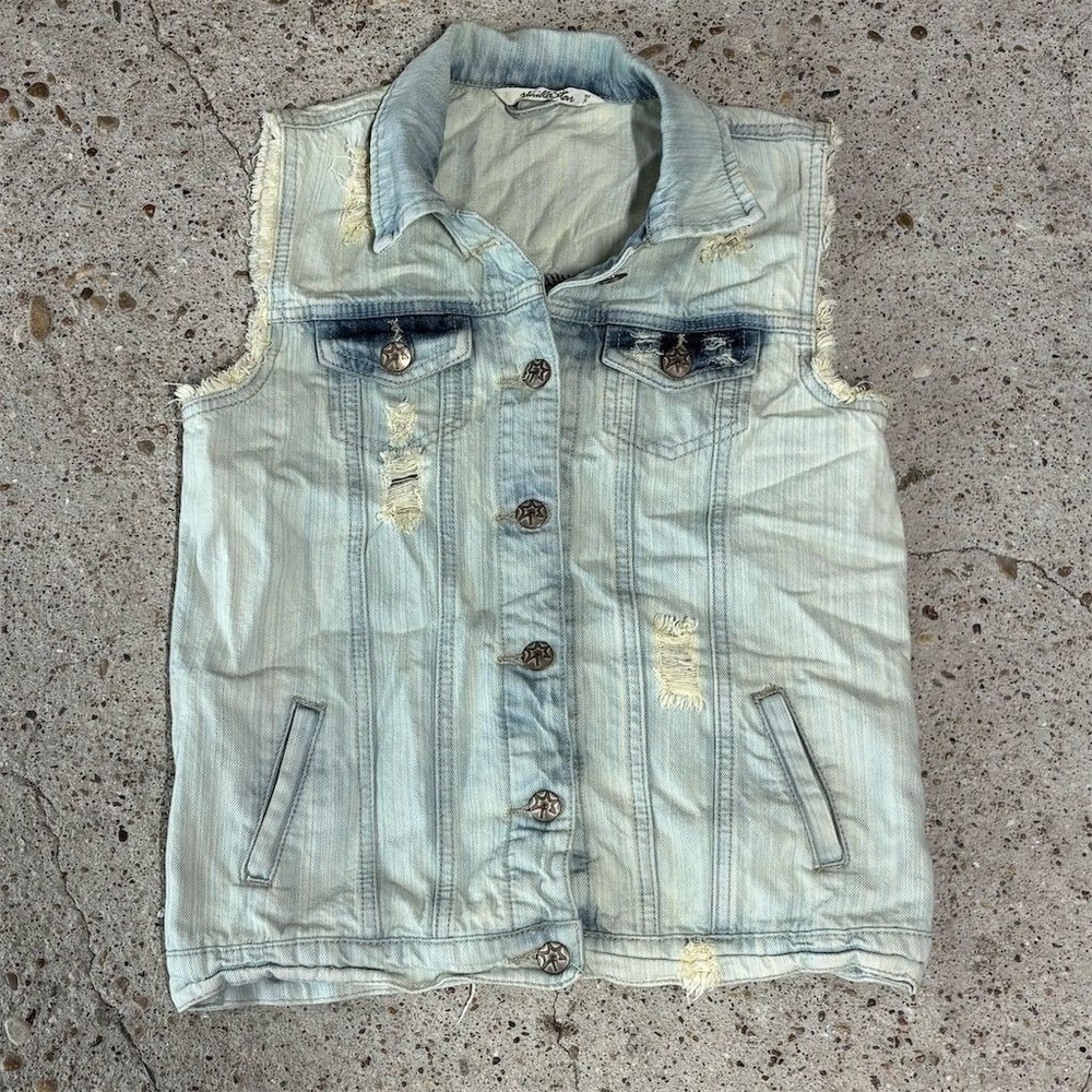 Vanilla‎ Star Women's Denim Vest Blue Distressed Button-Up Size S